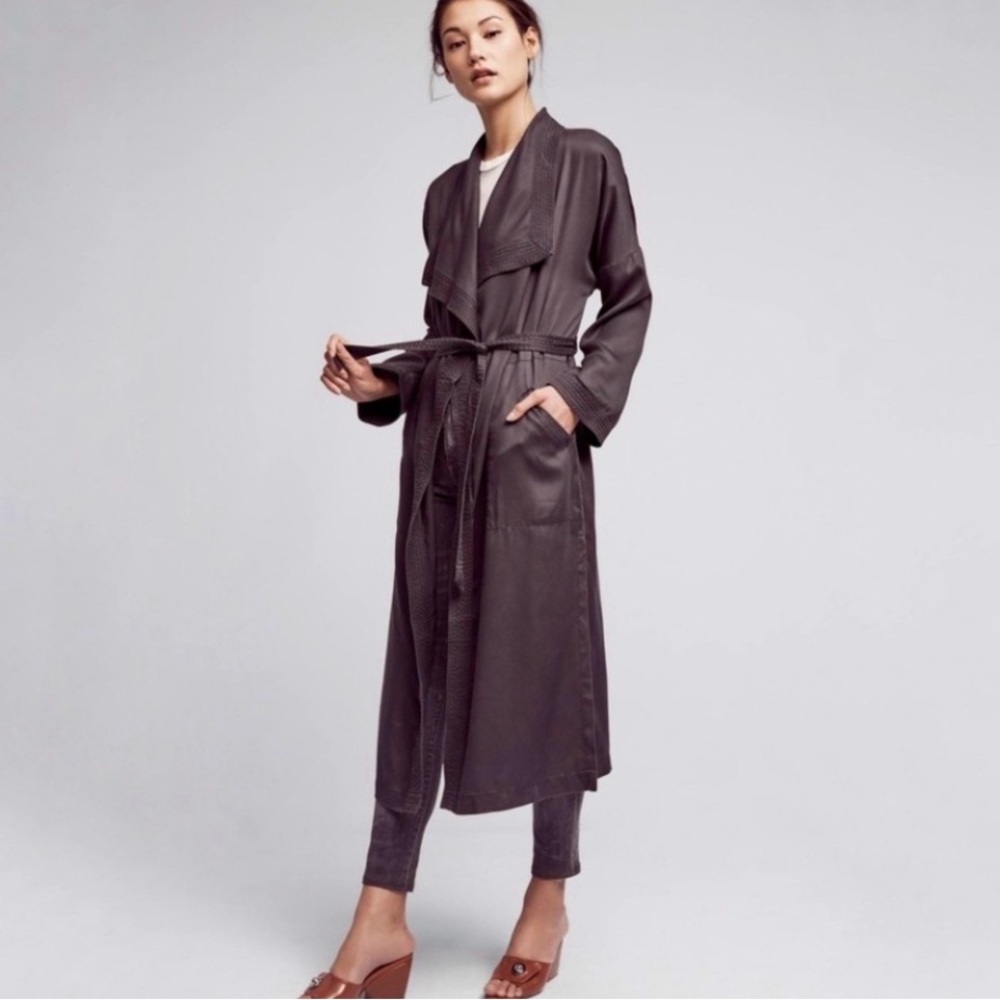 Anthropologie Hei Hei Trapunto Robe Coat Twill Lyocell Duster Charcoal Sm NWOT